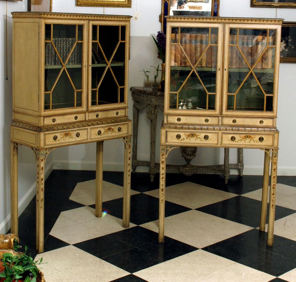 English A  Rare Pair of George III Diminutive Painted Cabinets on Stand