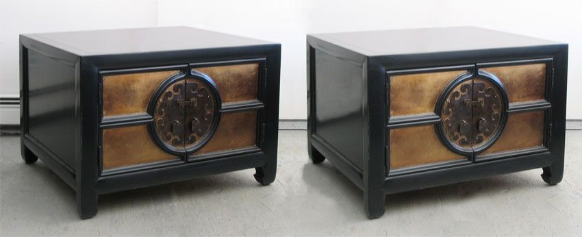 Pair of Baker black lacquered "Asian modern" table/cabinets.