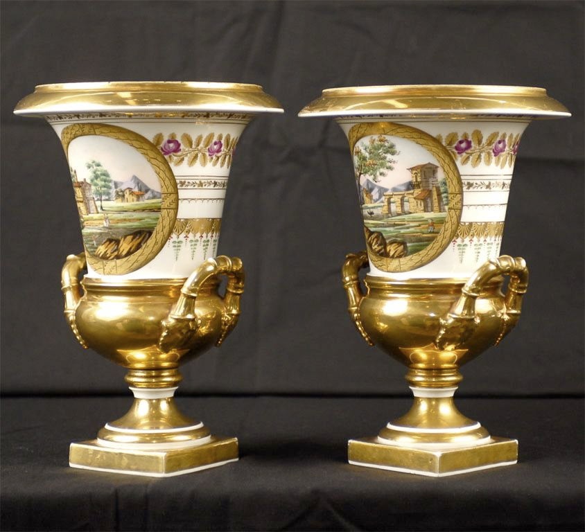 French Pair of Empire Period Porcelain Campana Vases, Parisian, circa 1815 For Sale