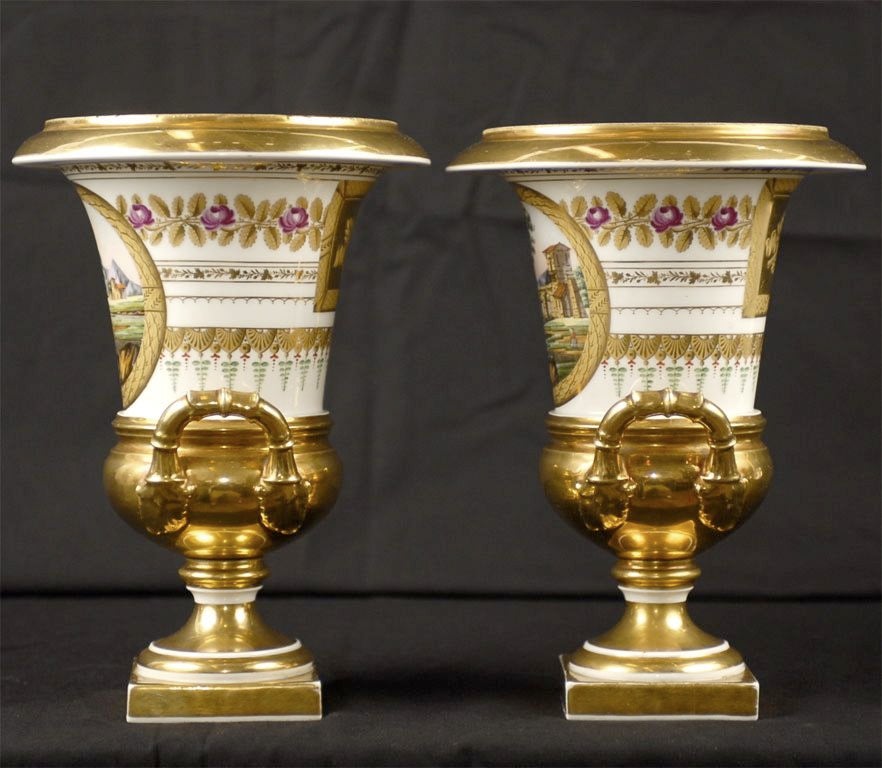 Gilt Pair of Empire Period Porcelain Campana Vases, Parisian, circa 1815 For Sale
