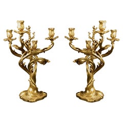Pair Signed Art Nouveau Gilt-Bronze Candlabra