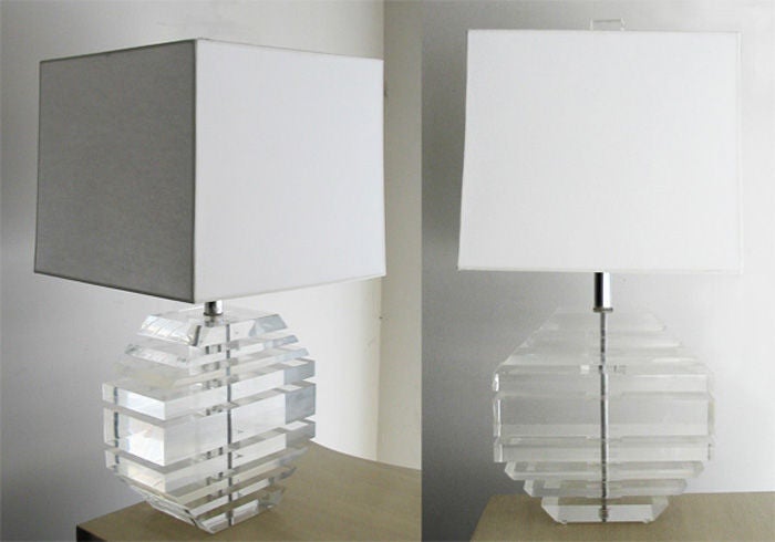 Hexagonal shaped lucite pair of lamps in Karl Springer style