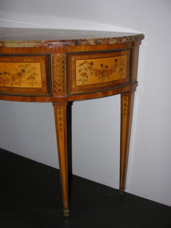 Fine Louis XVI marble-top Marquetry demilune console table with bronze mounts and single drawer, Provenance - Duveen.