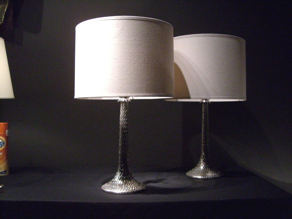 British Pair of silvered table lamps by Paul Belvoir, English For Sale