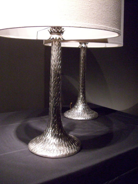 Contemporary Pair of silvered table lamps by Paul Belvoir, English For Sale