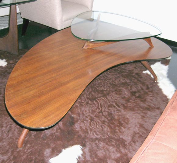 Rare kidney shaped Vladimir Kagan table with a minature Naguchi wishbone glass table on top.