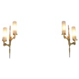 Pair of Dore Bronze Wall Sconces with Cylindrical Glass Shades