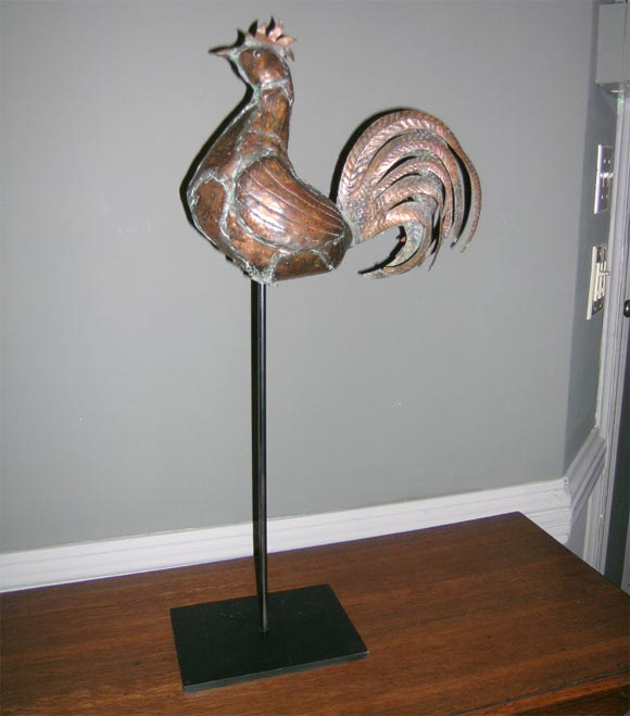 Full bodied and very detailed French copper rooster weathervane with reposse wings and tail, well constructed and seamed with lead.