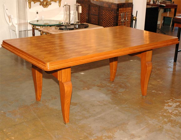 French Dining Table with Diamond Marquetry <br />
Brass Sabots, Brass Detail<br />
No Leaves