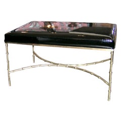 Vintage Black Patent Leather and Bronze Bamboo Bench