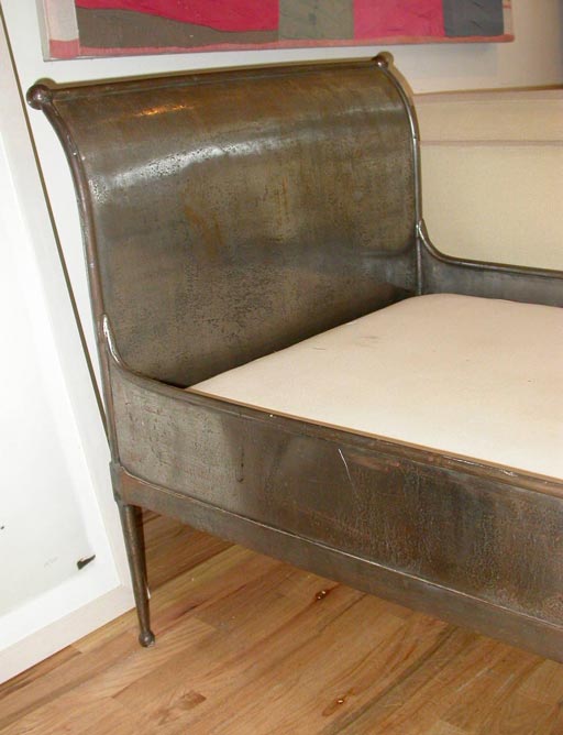 Zinc over iron daybed inspired by the Napoleon campaign beds.  Comes with boxspring, mattress, bolster and back pillows.