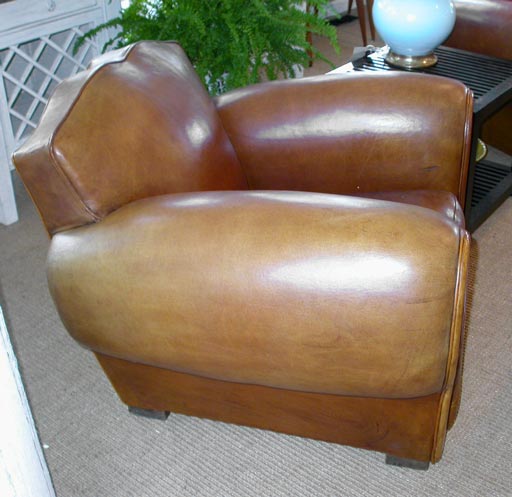Pair of Large Scale Mustache Back Leather Club Chairs