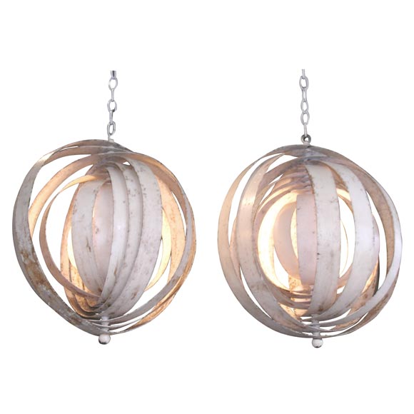 Pair of painted steel globe fixtures by Verner Panton