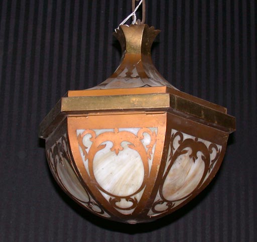 20th Century Arts and Crafts Copper Finish Brass and Slag Glass Lantern