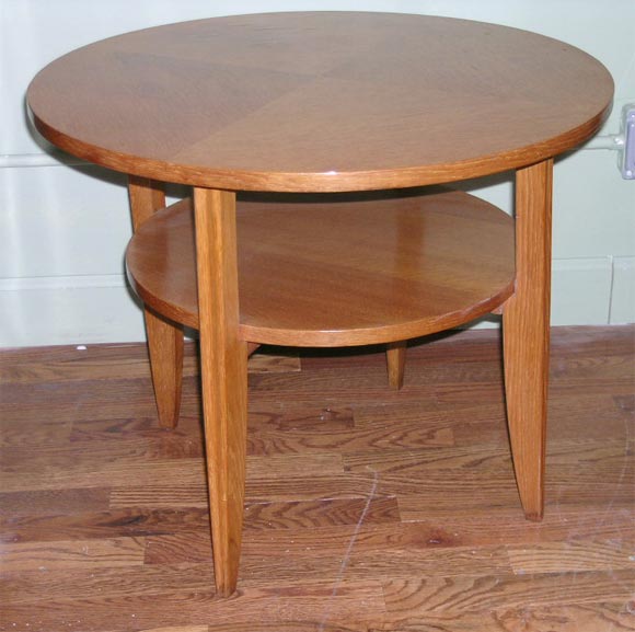 Round side table with shelf in blonde oak, parquet top.