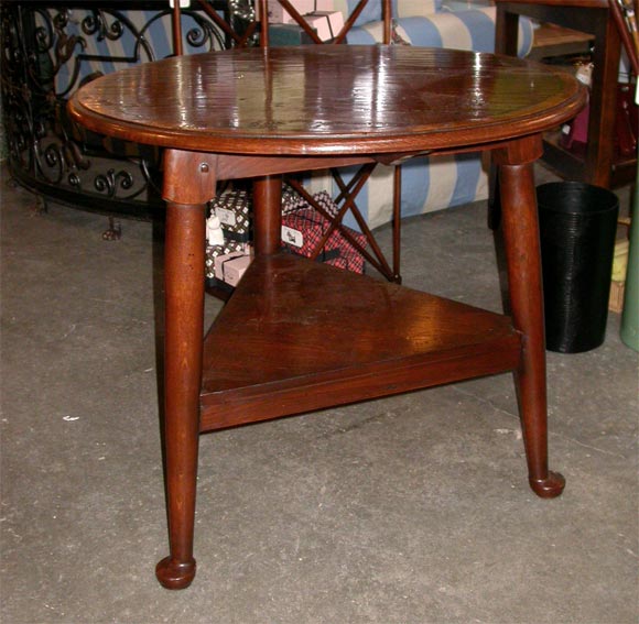 Banded pad foot oak cricket table with shelf, also available without shelf and without banding.