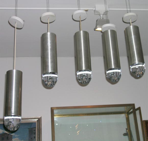 These are 5 Danish Stainless Steel glass pendant lights.  Circa 1960's. These can be purchased seperately, $650 each