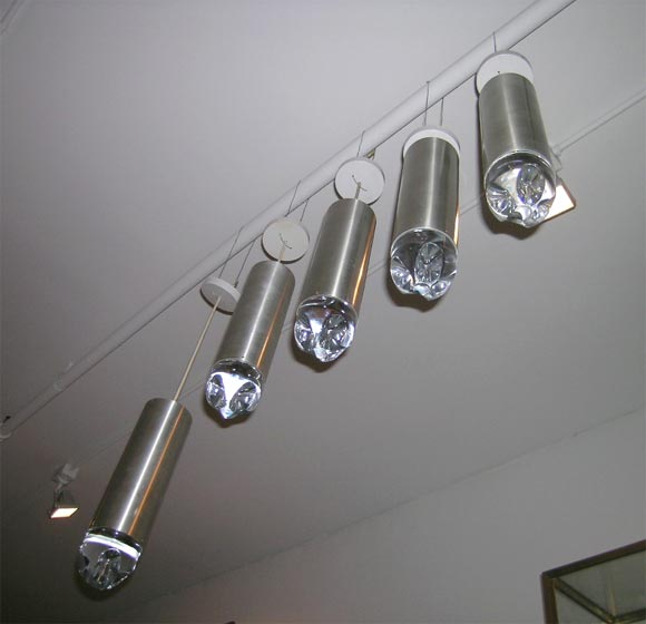 5 Danish Stainless Steel Glass Pendant Lights In Excellent Condition For Sale In New York, NY