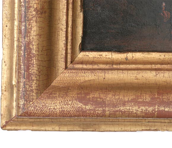Pastoral scene with classical elements.  Antique gilded wood frame.