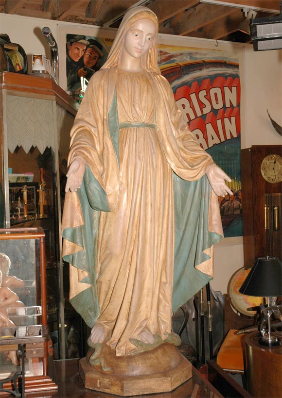 It doesn't get much better than this - the mother of Jesus! She is in great condition and has a peaceful, calming expression to her. Her foot is crushing the serpant, symbolic of the triumph of good over evil. The figure is solid plaster, with