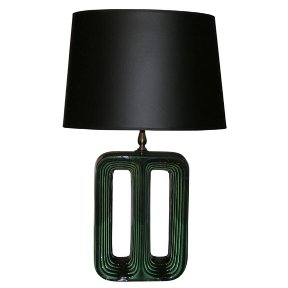Ceramic table lamp, finished in a jade green.
