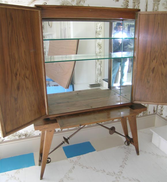 French 1940s Two-Door Carved Green Glass Bar Cabinet