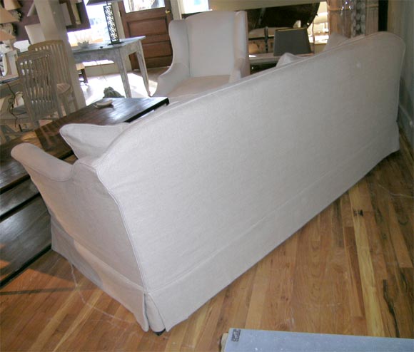 Linen Belgian sofa covered in washable linen slipcover For Sale