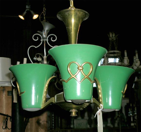 French brass and green painted metal chandelier by Atelier Petitot.