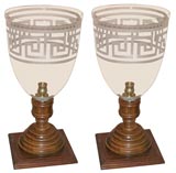 pair of glass globes with wooden stands