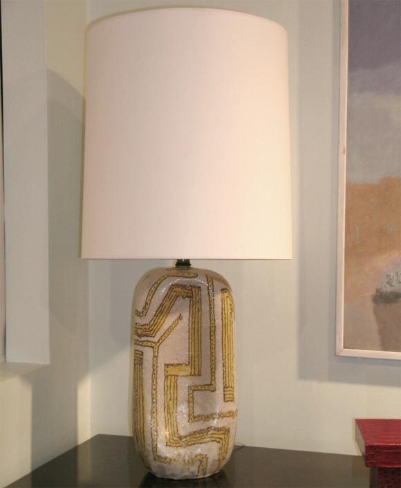Pair of large and impressive ceramic table lamps, geometric design with concave sides, by Guido Gambone, Italy, 1950’s (signed on bottom with donkey)