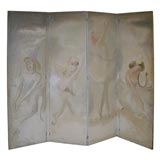 Vintage Lovely French Hand Painted Four Panel Screen by Ebert