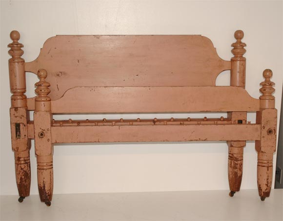 RARE 19THC ORIGINAL PAINTED MAUVE ROPE BED FROM PENNSYLVANIA WITH ORIGINAL CASTERS AND ALL ORIGINAL SURFACE-GREAT TURNINGS AND FORM/FOUND IN LANCASTER COUNTY.PENNSYLVANIA