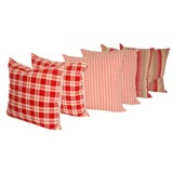 19THC PLAID AND TICKING PILLOWS IN RED AND WHITE