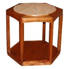 Custom walnut 
travertine hexegonal side table by John Kapel