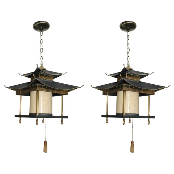 Pair of Chinese Pagoda Lantern-Style Swag Lamps