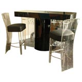 Black and Clear Mod Lucite Bar and Pair of Lucite Bar Stools