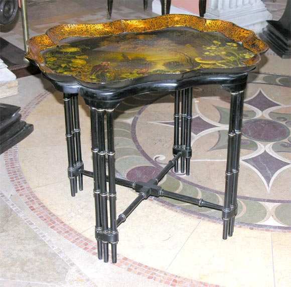 Papier Mache Painted & Gilded Scalloped Tray on Stand, 19th C.
