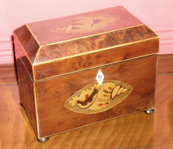 18th Century English Sheraton Walnut and Mahogany Inlaid Tea Caddy.