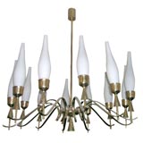Gorgeous 1950's Scandinavian Brass & Frosted Glass Chandelier