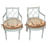 Pair of Blue Painted Armchairs with Needlepoint Cushions