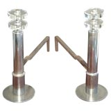 Pair of Deco chrome and glass andirons.