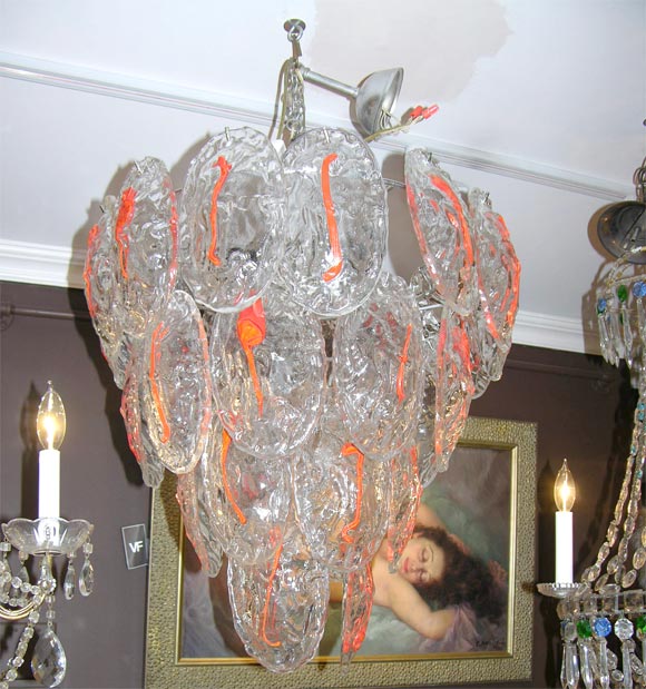 Unique 1970s vintage Murano glass with red/orange stripe chandelier.