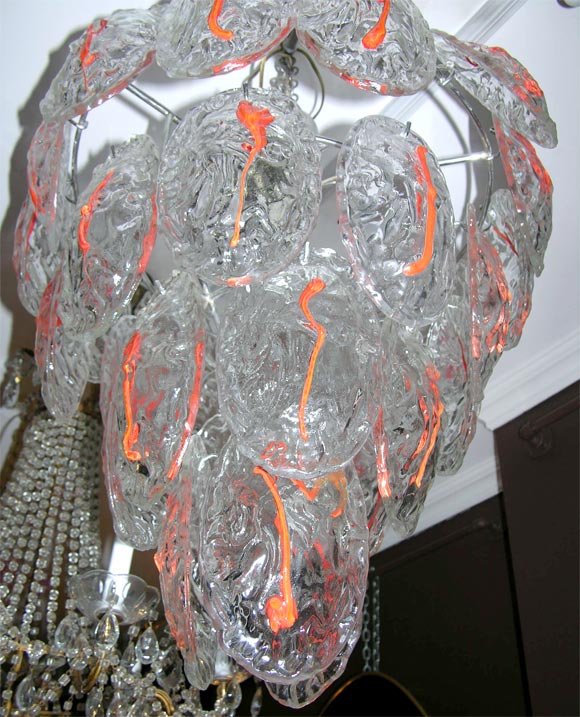 Italian 1970s Murano Glass Chandelier with Red Stripe For Sale