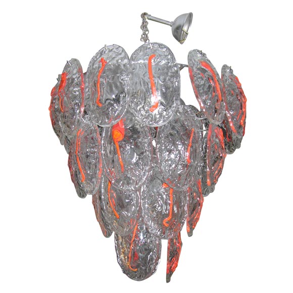 1970s Murano Glass Chandelier with Red Stripe For Sale