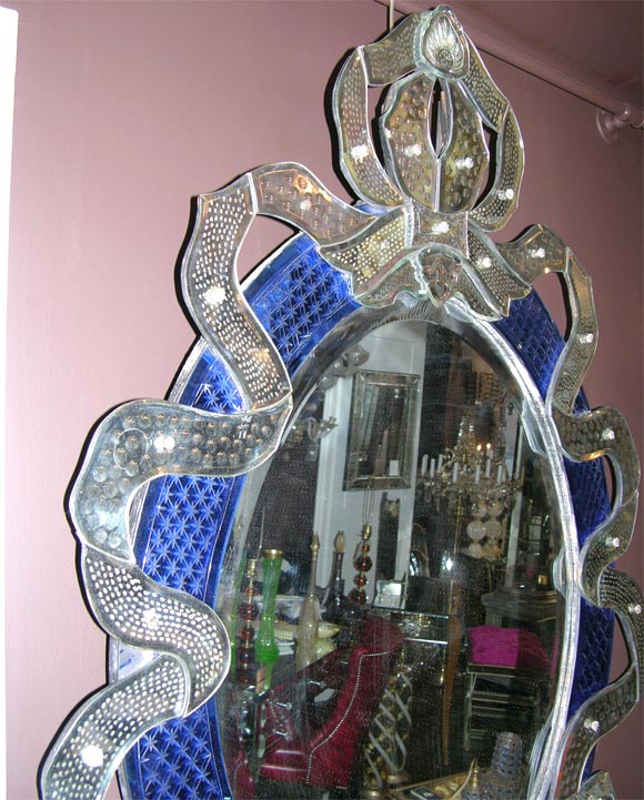 1930's Cobalt Venetian Ribbon Mirror In Good Condition In New York, NY