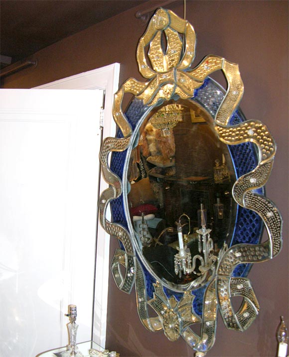 Mid-20th Century 1930's Cobalt Venetian Ribbon Mirror