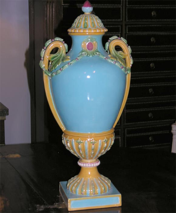 Pair of English Majolica Urn-Form Covered Vases. C. 1875