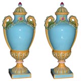 Pair of English Majolica Urn-Form Covered Vases. C. 1875