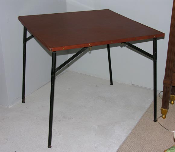 Jacques Adnet Leather and Iron Folding Card Table.