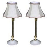 Vintage Pair of Porcelain, Etched Glass and Brass Boudoir Lamps
